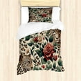 thumbnail image 1 of Ambesonne Leopard Duvet Cover Set, Roses Leaves Wild Animals, Twin, Peacock Green and Caramel, 1 of 3
