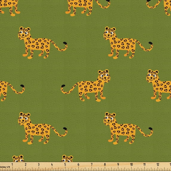 Ambesonne Leopard Fabric by the Yard Upholstery, Cartoon Happy Wild Animals, 2 Yards, Olive Green Marigold and Grey