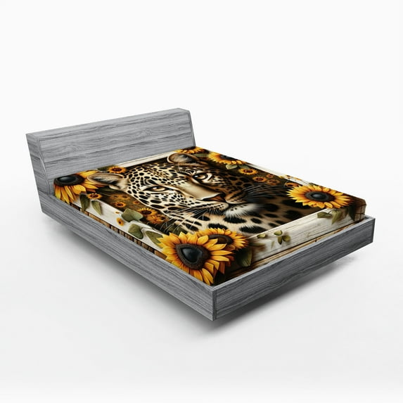 Ambesonne Leopard Fitted Sheet, Farmhouse Sunflowers Rustic, Queen Size, Earth Yellow and Caramel