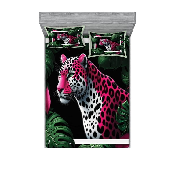 Ambesonne Leopard Fitted Sheet & Pillow Sham Set, Abstract Jungle Wild Cat, King, Emerald Magenta and Black