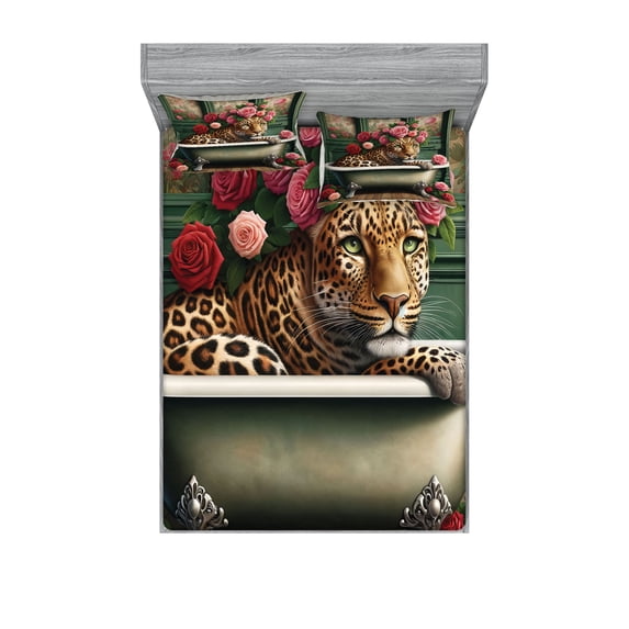 Ambesonne Leopard Fitted Sheet & Pillow Sham Set, English Roses Wild Animal, Calking, Reseda Green and Pink