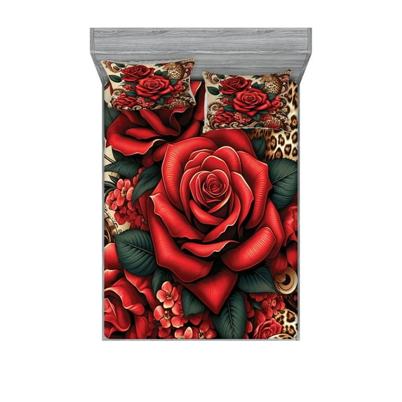 Ambesonne Leopard Fitted Sheet & Pillow Sham Set, Red Roses Swirls Wild Cat, King, Vermilion Caramel Beige