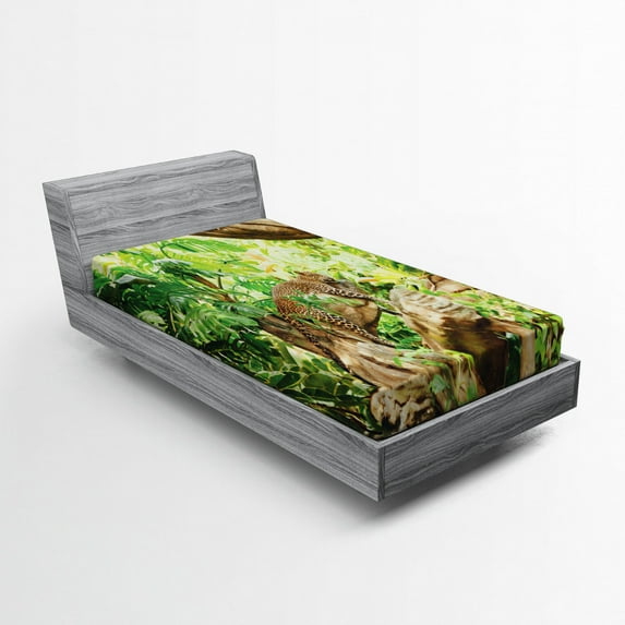 Ambesonne Leopard Fitted Sheet, Tropic Wild Jungle Leaf, Twin XL Size, Brown Green