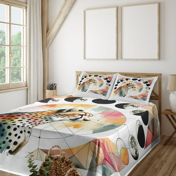 Ambesonne Leopard Fitted & Top Sheet Set with Sham, Watercolor Art Poly Moon, Coral Rose and Pale Teal