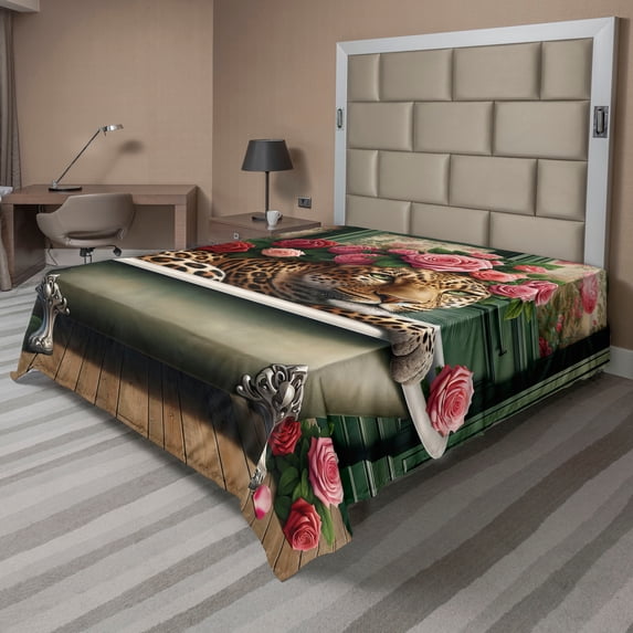 Ambesonne Leopard Flat Sheet, English Roses Wild Animal, California King, Reseda Green and Pink