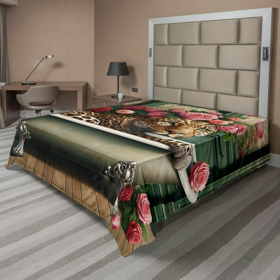 Ambesonne Leopard Flat Sheet, English Roses Wild Animal, Full Size, Reseda Green and Pink