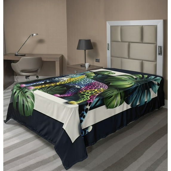 Ambesonne Leopard Flat Sheet, Monstera Colorful Wilds, Twin Size, Green Petrol Blue