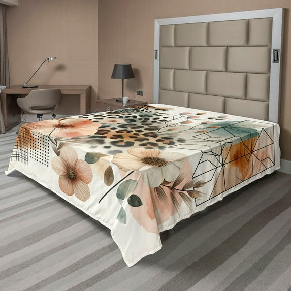 Ambesonne Leopard Flat Sheet, Tender Abloom Watercolor, Full Size, Peach Ginger and Grey Teal