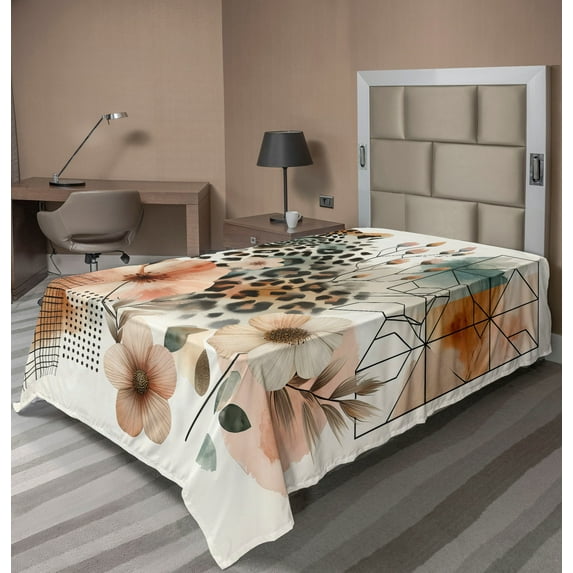 Ambesonne Leopard Flat Sheet, Tender Abloom Watercolor, Twin Size, Peach Ginger and Grey Teal