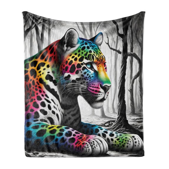 Ambesonne Leopard Fleece Throw Blanket Rainbow Cat in Greyscale 50"x70" Grey Multicolor