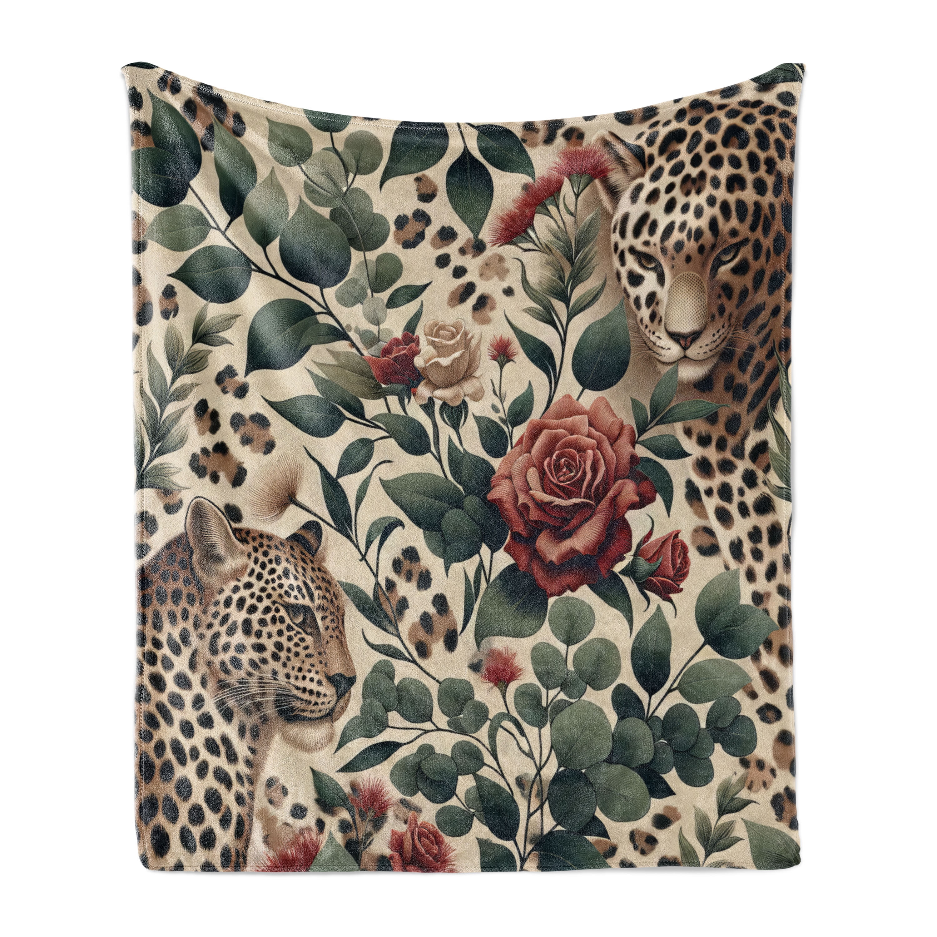 Ambesonne Leopard Fleece Throw Blanket Roses Leaves Wild Animals 50"x70