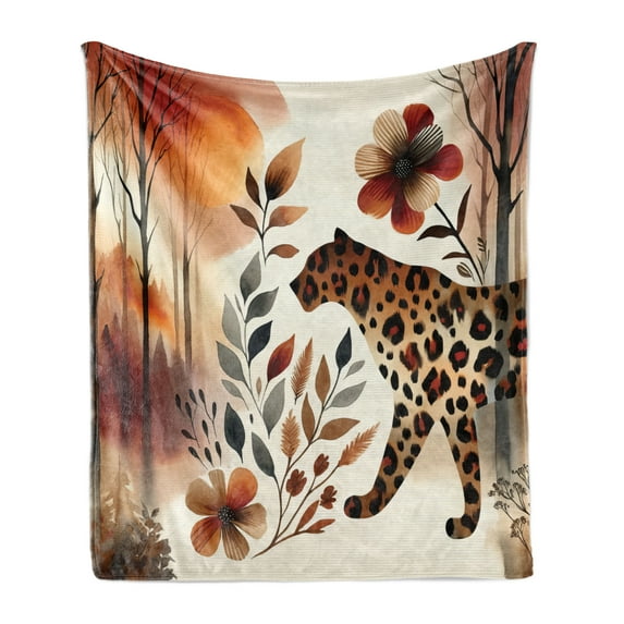 Ambesonne Leopard Fleece Throw Blanket Wild Autumn Woodland Art 50"x70" Burnt Sienna Amber and Grey