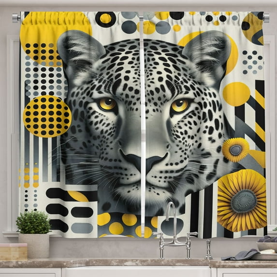 Ambesonne Leopard Kitchen Curtains, Mid Century Modern Wild Cat, 55"x45", Charcoal Grey and Mustard