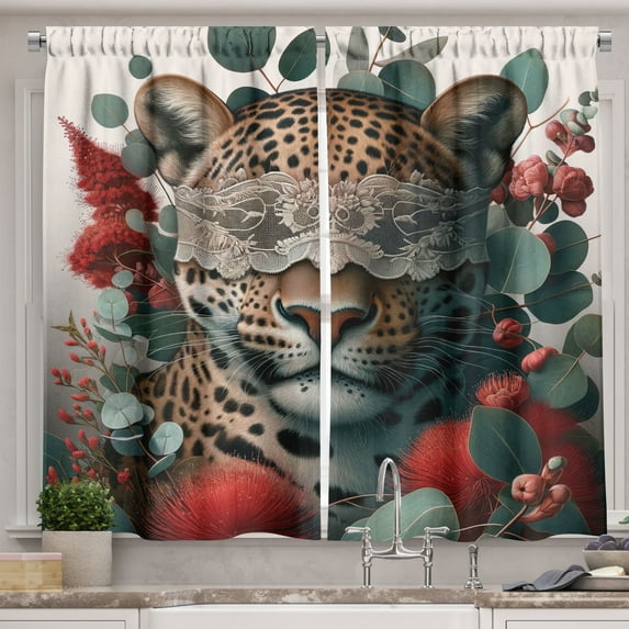 Ambesonne Leopard Kitchen Curtains, Savage Cat Lace Eucalyptus, 55"x30", Laurel Green Vermilion