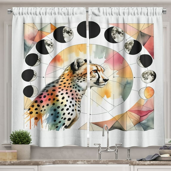 Ambesonne Leopard Kitchen Curtains, Watercolor Art Poly Moon, 55"x36", Coral Rose and Pale Teal