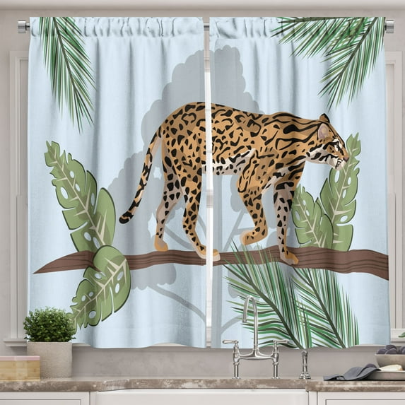 Ambesonne Leopard Kitchen Curtains, Wild Cat with Tropical Leaf, 55"x36", Sand Brown Peacock Green