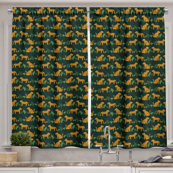 Ambesonne Leopard Kitchen Curtains, Wild Cats and Cactus Art, 55"x24", Orange Reseda Green