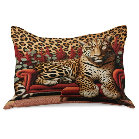 Ambesonne Leopard Knitted Quilt Pillowcover, Big Cat on Sectional Sofa, 30"x20", Red Apricot Dark Salmon