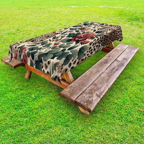 Ambesonne Leopard Outdoor Tablecloth, Roses Leaves Wild Animals, 58"x84", Peacock Green and Caramel