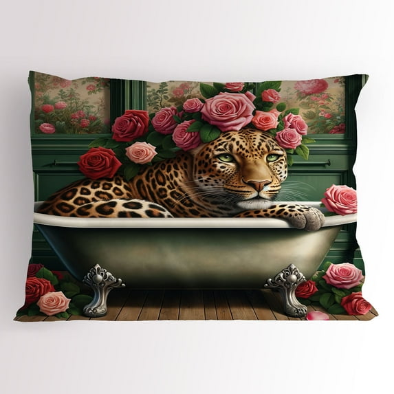 Ambesonne Leopard Pillow Sham, English Roses Wild Animal, 36" X 20", Reseda Green and Pink