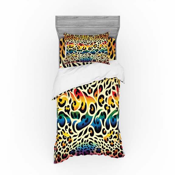 Ambesonne Leopard Print Bedding Set 3 Pcs, in Rainbow Colors, Twin, Yellow and Multicolor