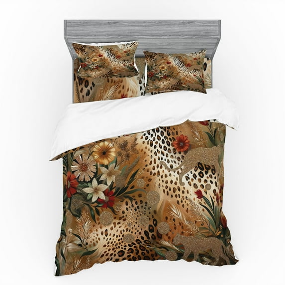 Ambesonne Leopard Print Bedding Set 4 Pcs, Autumnal Vibes Exotic, Calking, Camel Apricot and Green
