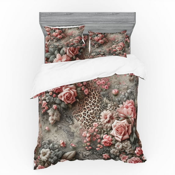 Ambesonne Leopard Print Bedding Set 4 Pcs, Medieval Rose Garden, Calking, Pale Pink Laurel Green