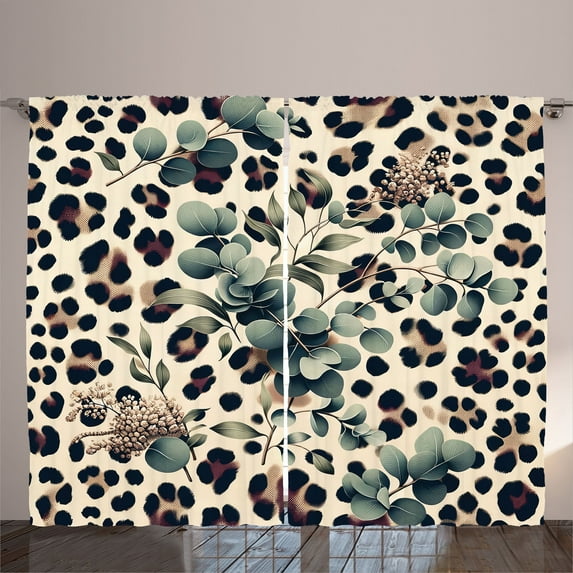 Ambesonne Leopard Print Curtains 2 Panel Set, Bold Eucalyptus Leaf, 108" x 63", Camel and Laurel Green