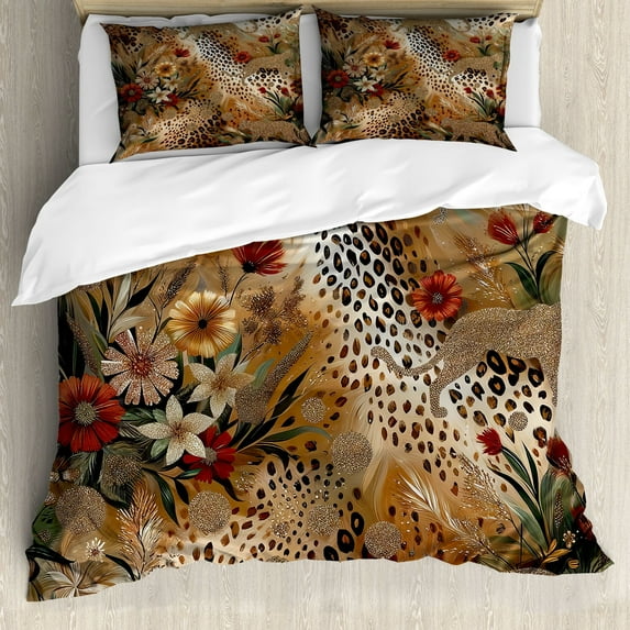 Ambesonne Leopard Print Duvet Cover Set, Autumnal Vibes Exotic, Queen, Camel Apricot and Green