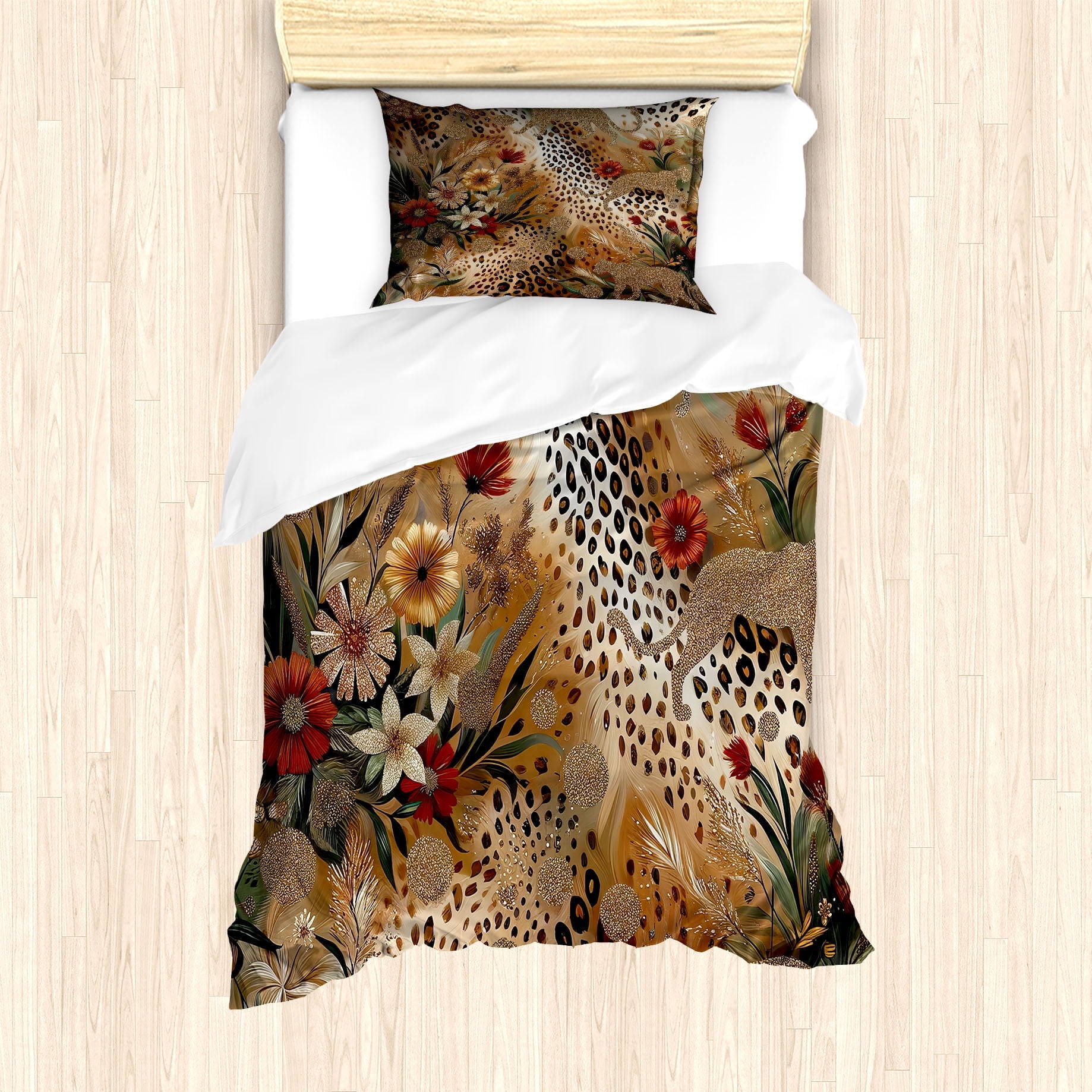 Ambesonne Leopard Print Duvet Cover Set, Autumnal Vibes Exotic, Twin, Camel Apricot and Green ...