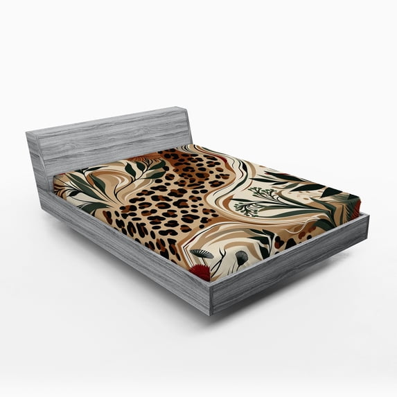 Ambesonne Leopard Print Fitted Sheet, Abstract Blend Earthy, Queen Size, Pastel Brown Forest Green