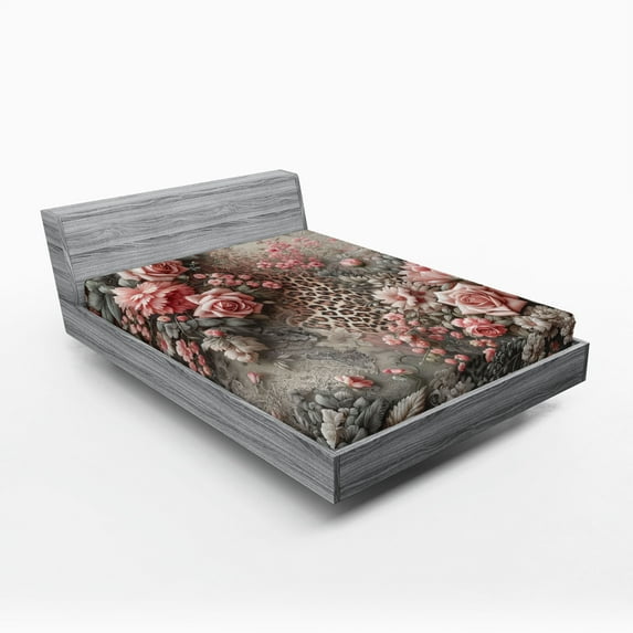 Ambesonne Leopard Print Fitted Sheet, Medieval Rose Garden, King Size, Pale Pink Laurel Green