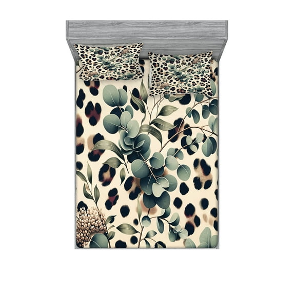 Ambesonne Leopard Print Fitted Sheet & Pillow Sham Set, Bold Eucalyptus Leaf, Calking, Camel and Laurel Green
