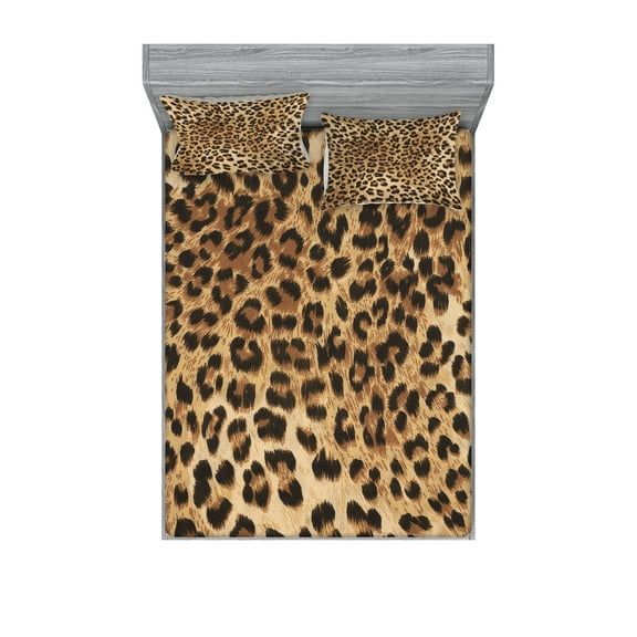 Ambesonne Leopard Print Fitted Sheet & Pillow Sham Set, Wild Animal Skin, Calking, Pale Brown and Black