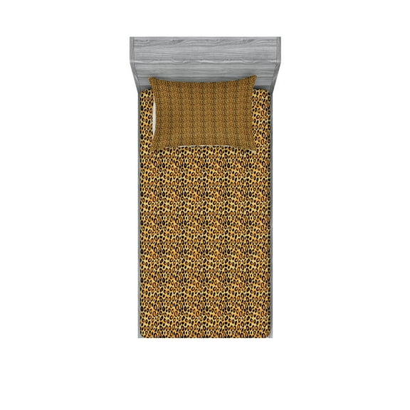Ambesonne Leopard Print Fitted Sheet & Pillow Sham Set, Wild Feline Tile, Twin, Orange Black