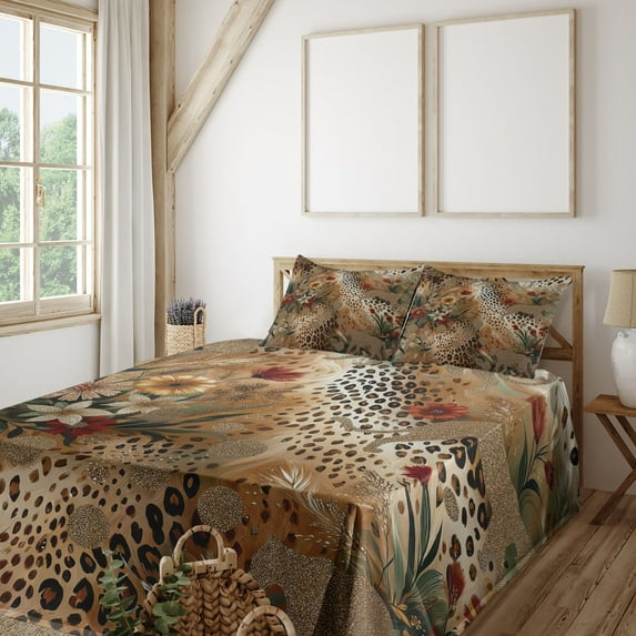 Ambesonne Leopard Print Fitted & Top Sheet Set with Shams, Autumnal Vibes Exotic, Camel Apricot and Green