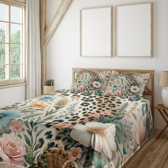 Ambesonne Leopard Print Fitted & Top Sheet Set with Shams, Wild Springtime Bloom, Blush Pale Brown Blue