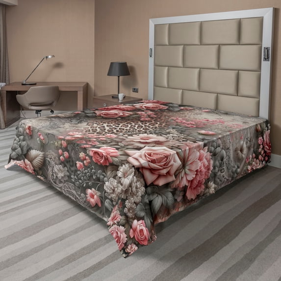 Ambesonne Leopard Print Flat Sheet, Medieval Rose Garden, Full Size, Pale Pink Laurel Green