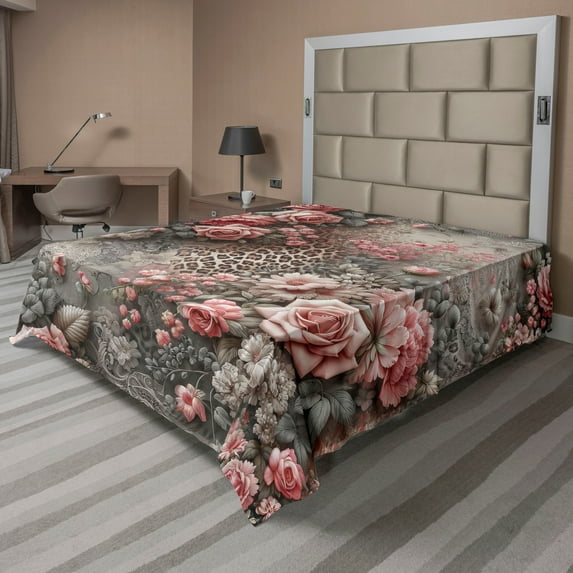 Ambesonne Leopard Print Flat Sheet, Medieval Rose Garden, King Size, Pale Pink Laurel Green