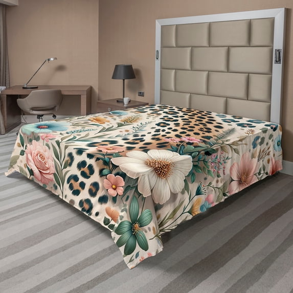 Ambesonne Leopard Print Flat Sheet, Wild Springtime Bloom, King Size, Blush Pale Brown Blue
