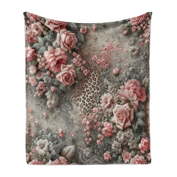 Ambesonne Leopard Print Fleece Throw Blanket Medieval Rose Garden 50"x70" Pale Pink Laurel Green