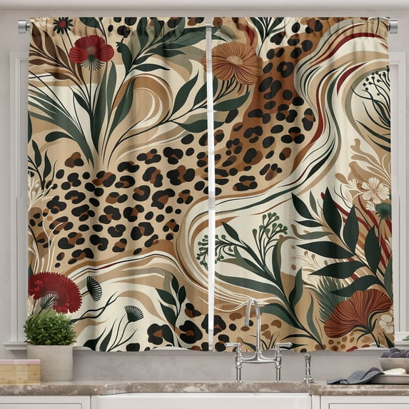 Ambesonne Leopard Print Kitchen Curtains, Abstract Blend Earthy, 55"x30", Pastel Brown Forest Green
