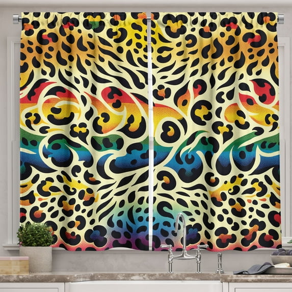 Ambesonne Leopard Print Kitchen Curtains, in Rainbow Colors, 55"x45", Yellow and Multicolor