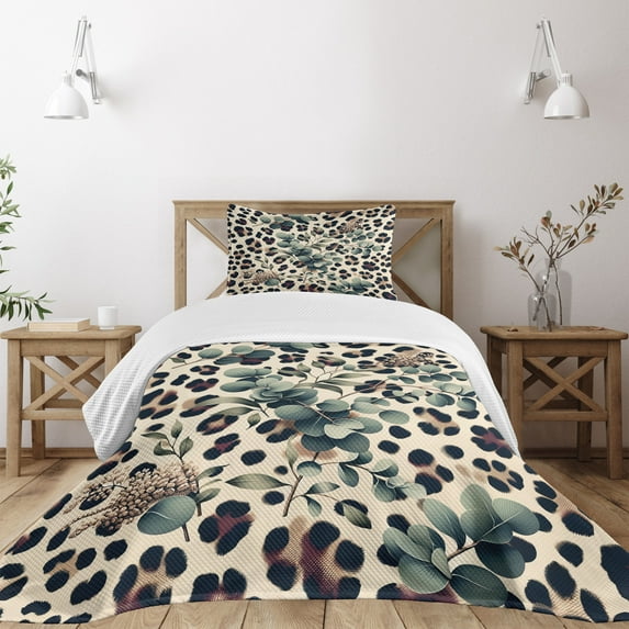 Ambesonne Leopard Print Quilted Bedspread Set 2 Pcs, Bold Eucalyptus Leaf, Twin Size, Camel and Laurel Green