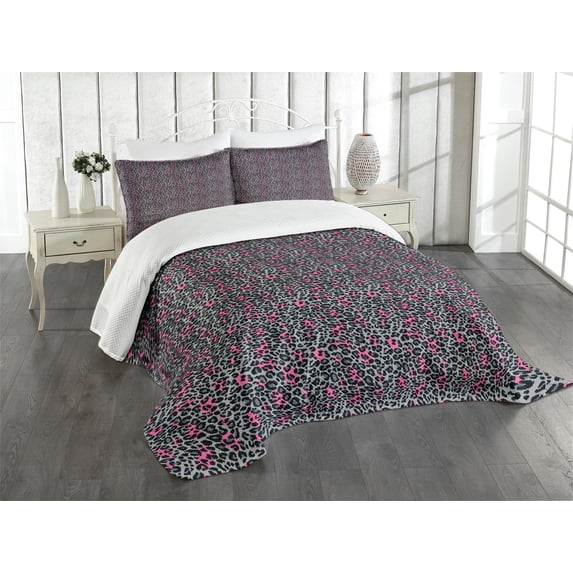 Ambesonne Leopard Print Quilted Bedspread Set 2 Pcs, Cheetah Panther Spots, Twin Size, Black Grey and Pink