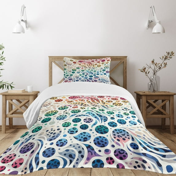 Ambesonne Leopard Print Quilted Bedspread Set 2 Pcs, Colorful Spotted Dots, Twin Size, White Multicolor
