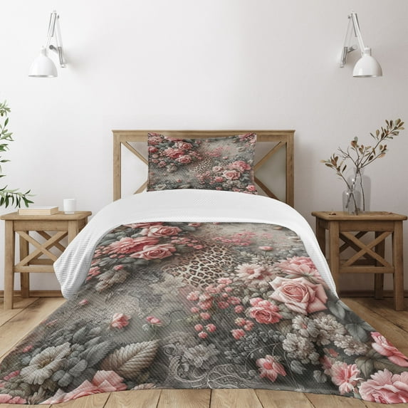 Ambesonne Leopard Print Quilted Bedspread Set 2 Pcs, Medieval Rose Garden, Twin Size, Pale Pink Laurel Green