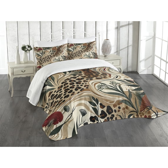 Ambesonne Leopard Print Quilted Bedspread Set 3 Pcs, Abstract Blend Earthy, Queen Size, Pastel Brown Forest Green