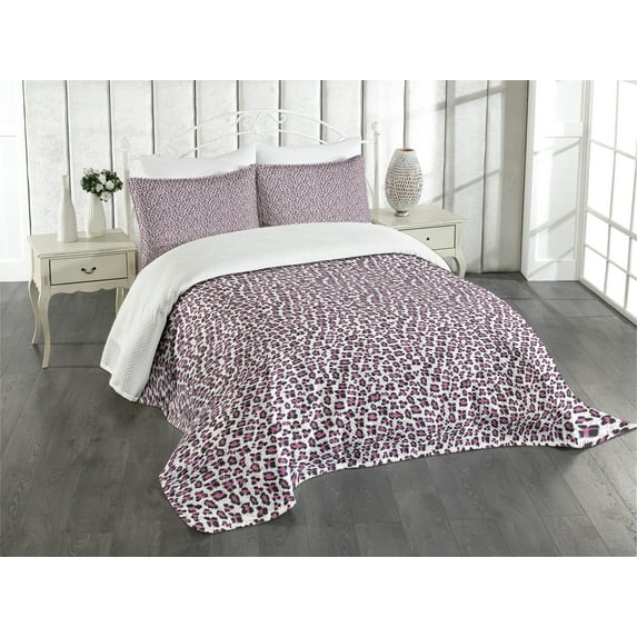 Ambesonne Leopard Print Quilted Bedspread Set 3 Pcs, Girly Pink Black, Queen Size, White Black Pink