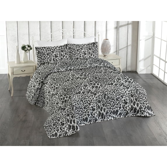 Ambesonne Leopard Print Quilted Bedspread Set 3 Pcs, Grey Wild Cat Spots, Queen, Black and Grey